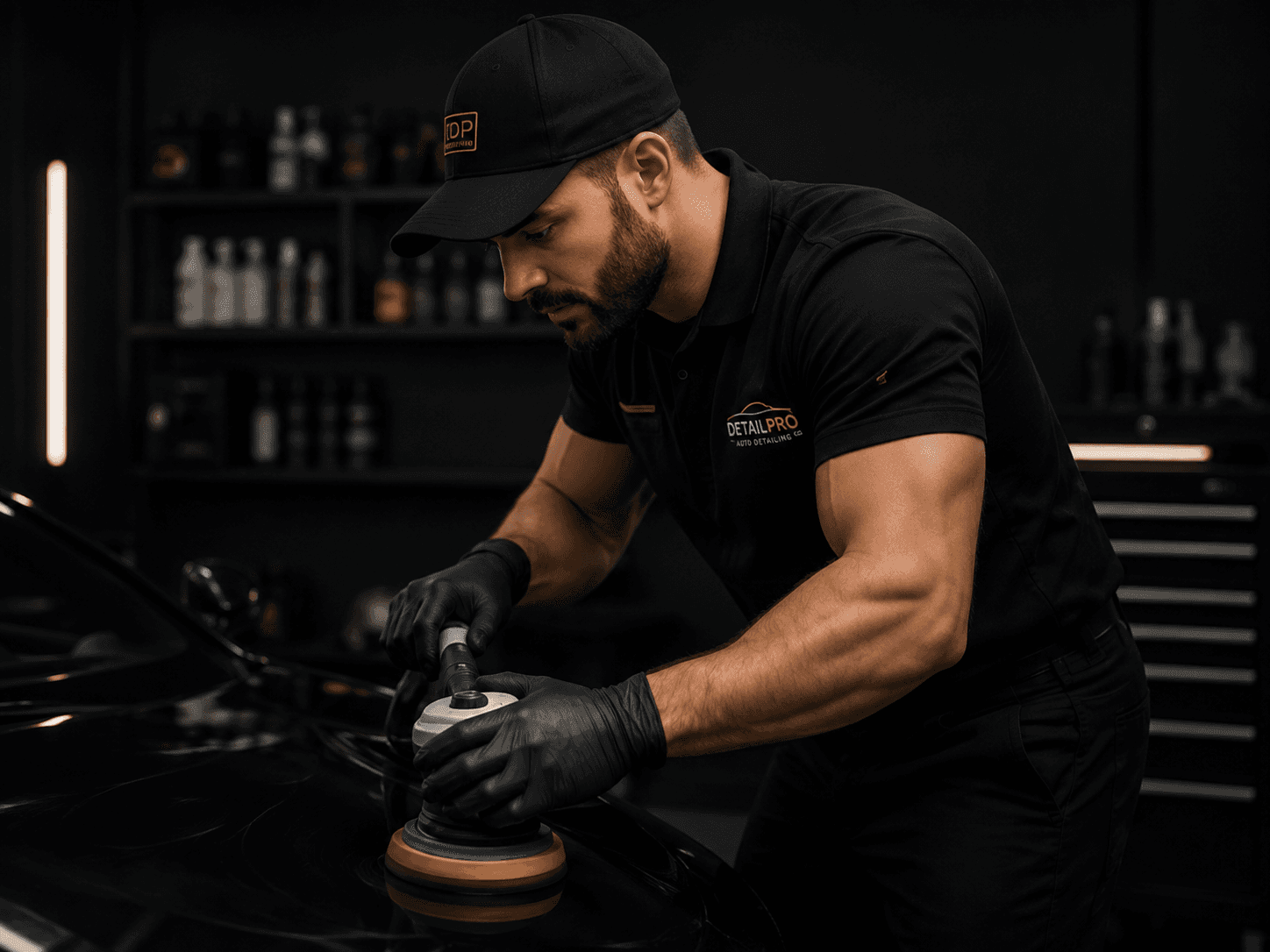 Profesionalni auto detailer tokom poliranja crnog automobila u detailing studiju.
