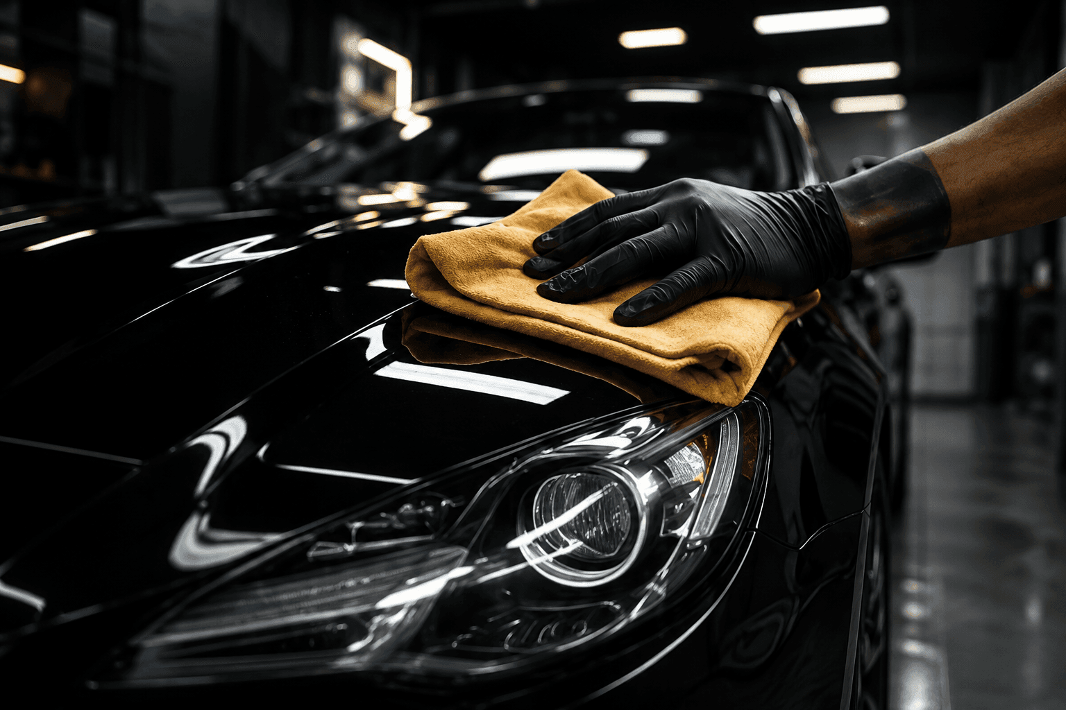 Profesionalno poliranje crnog automobila mikrofiber krpom u DetailPro studiju.