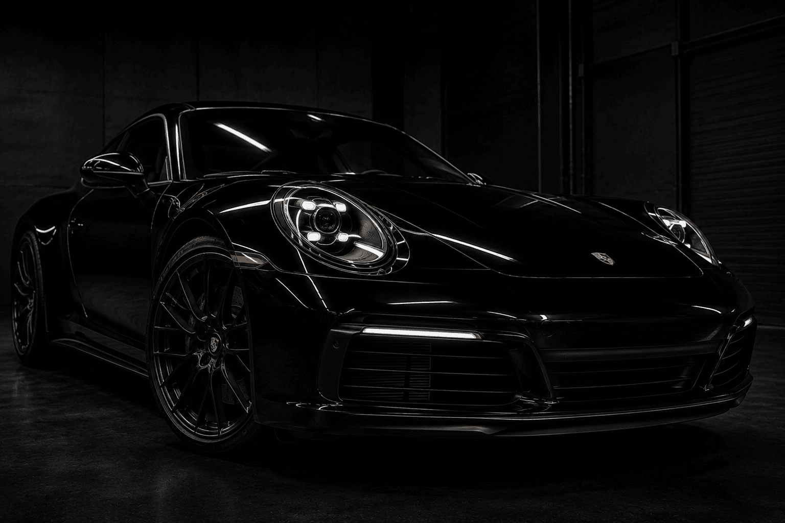 Crni Porsche sportski automobil u premium detailing studiju.
