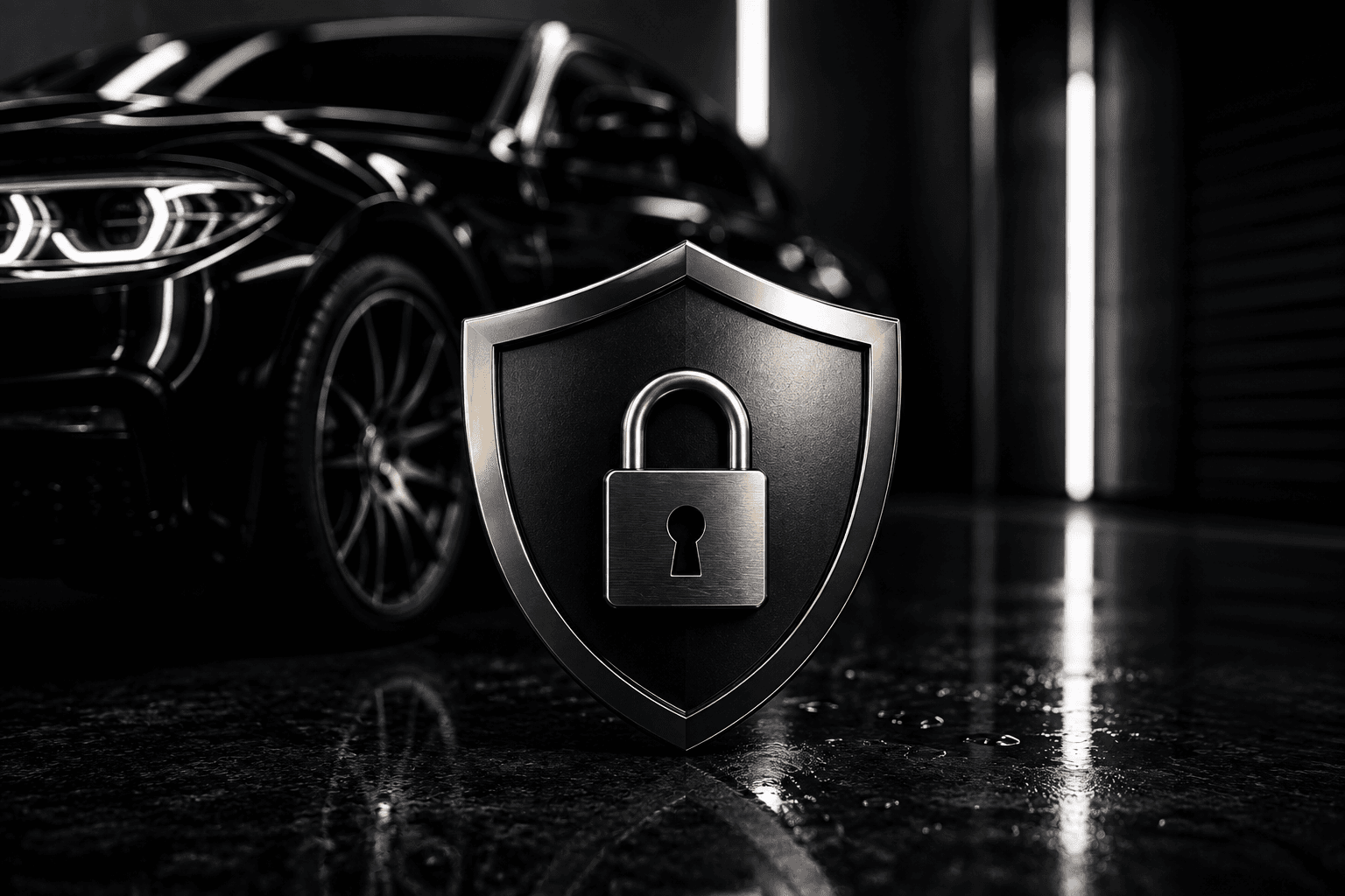 Štit i katanac u premium auto detailing studiju koji simbolizuju zaštitu podataka i privatnost.
