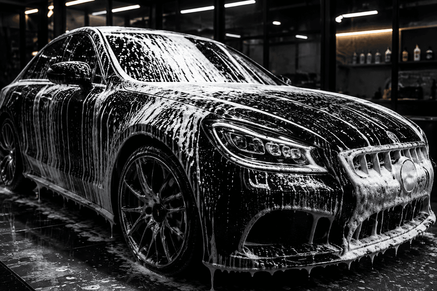 Crni automobil tokom profesionalnog premium pranja u detailing studiju.